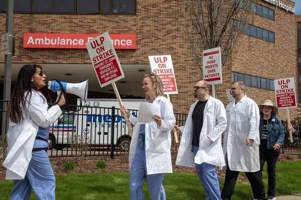 Detroit, Michigan USA, 18 April 2024, Doctors in the emergency room at Ascension St. John Hospital began a one-day strike to protest understaffing and unsafe conditions. The emergency room is operated by Team Health, which is owned by the private equity firm Blackstone. The 43 emergency doctors, physician assistants, and nurse practitioners organized the Greater Deroit Association of Emergency Physicians nearly a year ago