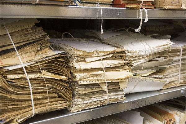 Stasi files at the Federal Commissioner for the Records of the State Security Service of the former German Democratic Republic, BStU. Files and documents of the Ministry for State Security of the GDR are stored in the Stasi Records Authority, 17 January 2015, Berlin, Berlin, Germany, Europe