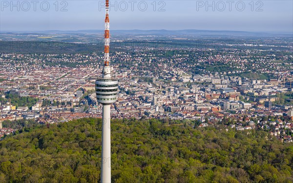 TV tower, world's first reinforced concrete tower, landmark and sight of the city of Stuttgart and official cultural monument, panoramic photo, drone photo, view of the city centre with collegiate church, Old Palace, New Palace, main railway station, Stuttgart, Baden-Wuerttemberg, Germany, Europe