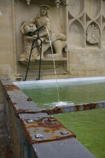 Rust stains on the fish fountain, rust stain, rust, rusty, fountain, market fountain, old town, market square, Schwaebisch Hall, Hohenlohe, Heilbronn-Franken, Baden-Wuerttemberg, Germany, Europe