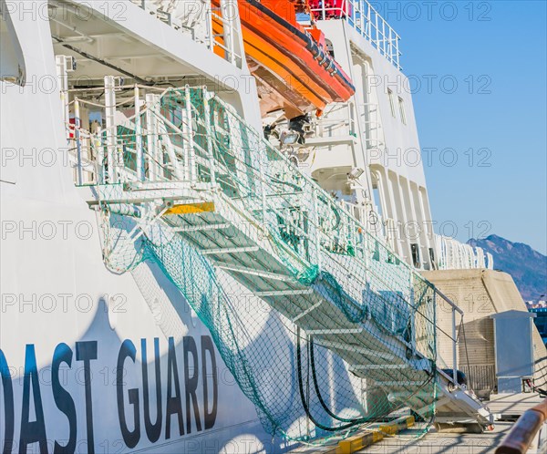 Gangplank of docked coast guard frigate in Yeosu, South Korea, Asia