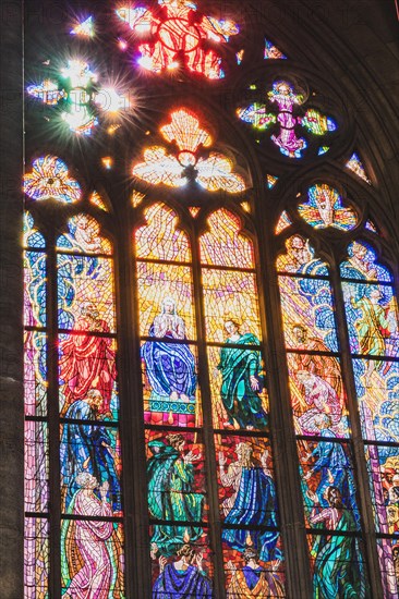 Sightseeing, sightseeing, church, cathedral, cathedral, St Vitus Cathedral, interior view, window, statues of saints, colourful, glass, sun, Prague Castle, Czech RepublicPrague 2024