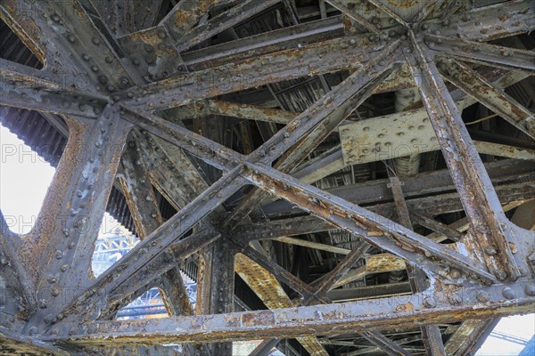 Rusted iron structure of a bridge, Solvay chemical plant for the production of bicarbonate and carbonate of soda or sodium carbonate, Dombasle-sur-Meurthe, Meurthe-et-Moselle department, Lorraine, Grand Est region, France, Europe