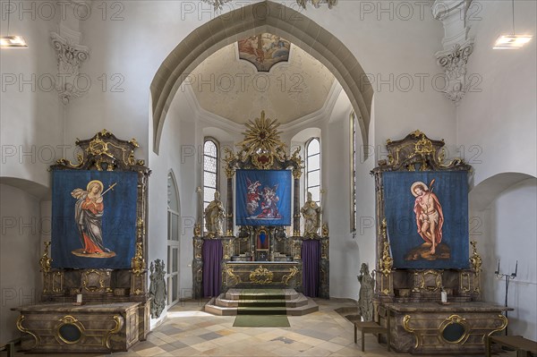 Three historic Lenten cloths made in 1726, St Nicholas parish church, Gundelsheim, Baden-Wuerttemberg, Germany, Europe