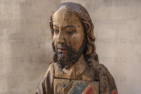 Head of Christ, detailed view of the Hersbrucker Palmesel, carved from 16th century lime wood, on loan from the German National Painting Museum in Nuremberg, to St John's Church in Hersbruck, Middle Franconia, Bavaria, Germany, Europe