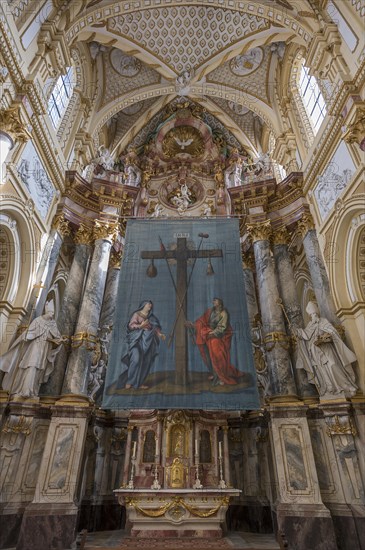 Historic Lenten cloth, around 1750, in front of the altar of the monastery church of St Rochus, Ebrach, Lower Franconia, Bavaria, Germany, Europe