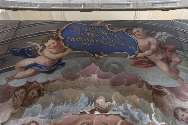 Detailed view of the Holy Sepulchre, created in 1764, in front of the altar of St Bartholomew's Church, Kleineibstadt, Lower Franconia, Bavaria, Germany, Europe