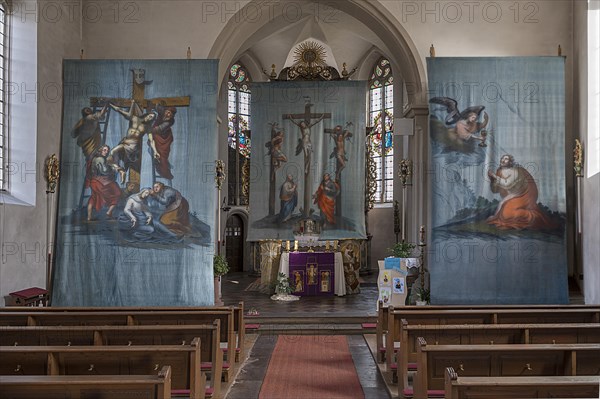 Three historical Lenten cloths, created around 1890, St Laurentius Church, Schoenau an der Brend, Lower Franconia, Bavaria, Germany, Europe