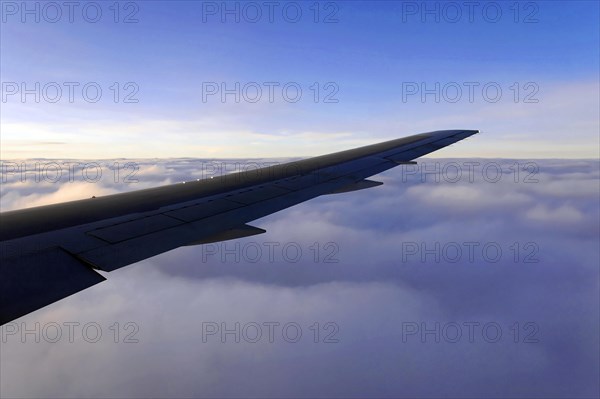 Flight to Stuttgart, Germany, view of an aeroplane wing above the cloud cover in daylight, AUGUSTO C. SANDINO Airport, Managua, Nicaragua, Central America, Central America