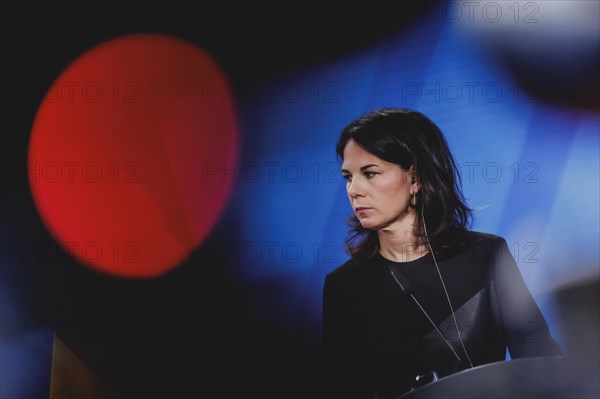 Annalena Baerbock (Alliance 90/The Greens), Federal Foreign Minister, photographed during a joint press conference with Ayman Safadi (not pictured), Foreign Minister of Jordan, after a joint meeting in Berlin, 16 April 2024 / Photographed on behalf of the Federal Foreign Office