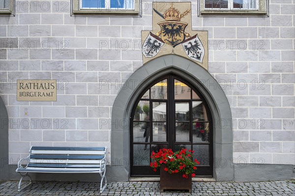 Citizens' office in the historic town hall on the market square of Wangen im Allgaeu, Upper Swabia, Baden-Wuerttemberg, Germany, here entrance at Postplatz, Europe