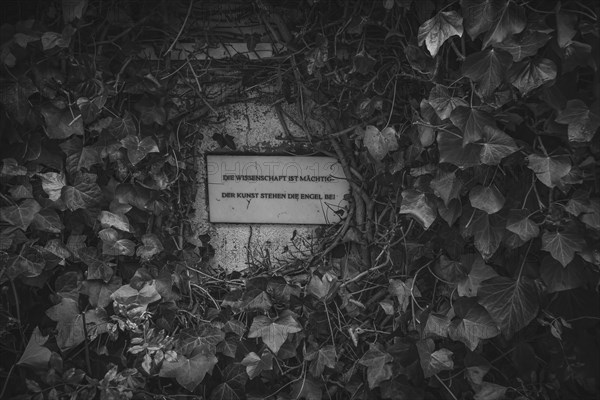 Science is mighty, art is assisted by angels, plaque in front of the art gallery of Isny Castle, formerly St George's Monastery, Isny im Allgaeu, Baden-Wuerttemberg, Germany, Europe