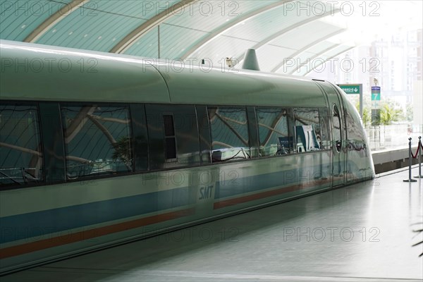 Shanghai Transrapid Maglev Shanghai Maglev Train Station Station, Shanghai, China, Asia, An empty platform with a train ready to depart and modern architecture, Asia