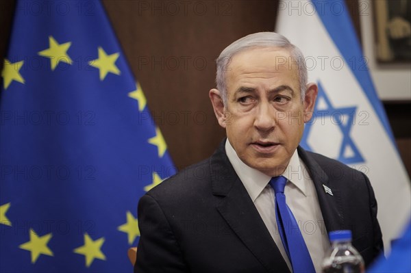 Benjamin Netanyahu, Prime Minister of the State of Israel, photographed during a conversation with Annalena Baerbock (Alliance 90/The Greens) (not in the picture), Federal Foreign Minister, in Jerusalem, 17 April 2024. Photographed on behalf of the Federal Foreign Office