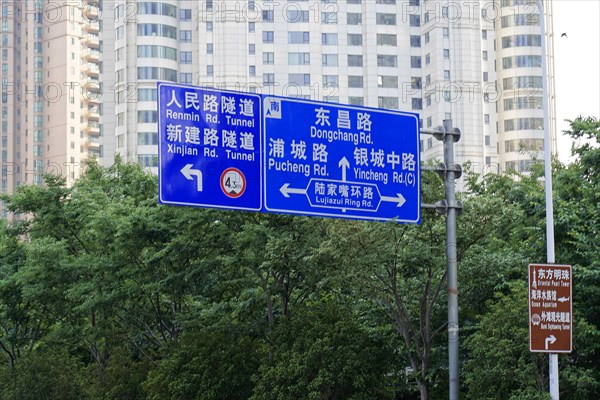Shanghai, People's Republic of China, Traffic signs in front of a tree background show different street names, Shanghai, China, Asia