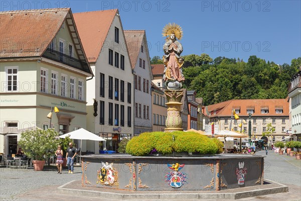 Crescent moon Madonna at the Marienbrunnen fountain on the market square, Schwaebisch Gmuend, Baden-Wuerttemberg, Germany, Schwaebisch Gmuend, Baden-Wuerttemberg, Germany, Europe