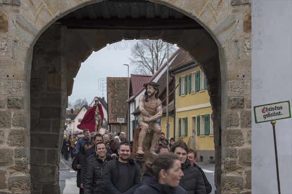 Historic Good Friday procession for 350 years with life-size wood-carved figures from the 18th century, Neunkirchen am Brand, Middle Franconia, Bavaria, Germany, Europe