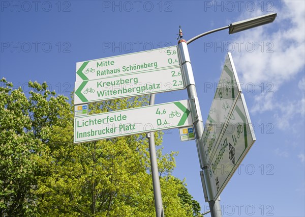 Signposts for cycle paths in Berlin, Schoeneberg, Tempelhof-Schoeneberg, Berlin, Germany, Europe