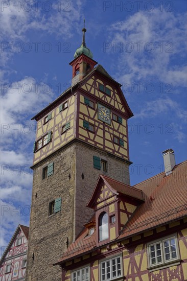 Josenturm in der Gelbinger Gasse, half-timbered house, tower, Schwaebisch Hall, Kochertal, Kocher, Hohenlohe, Heilbronn-Franken, Baden-Wuerttemberg, Germany, Europe