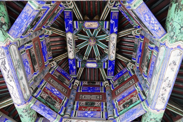 New Summer Palace, Beijing, China, Asia, View into the symmetrically designed ceiling construction of a traditional building, Beijing, Asia