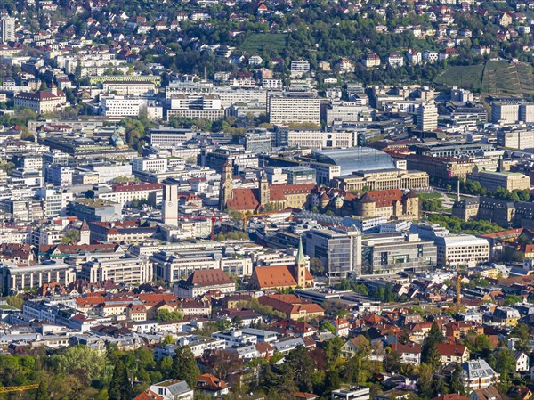 View of the state capital Stuttgart, city centre with collegiate church, Old Palace and main railway station, Stuttgart, Baden-Wuerttemberg, Germany, Europe