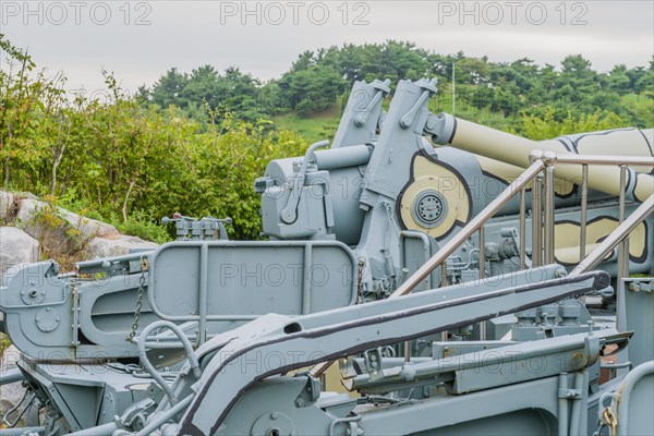 Side view of gun controls of military tank on display in public park in Nonsan, South Korea, Asia