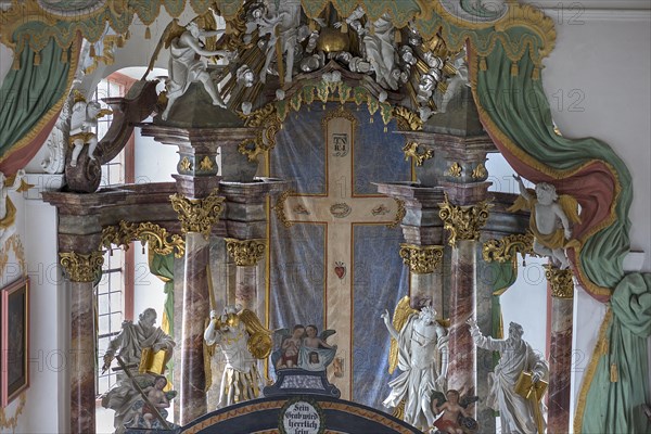Historical Lenten Shroud, somewhat concealed by the Holy Sepulchre, St Wendelin, Kirchenweg 8, Eyershausen, Lower Franconia, Bavaria, Germany, Europe