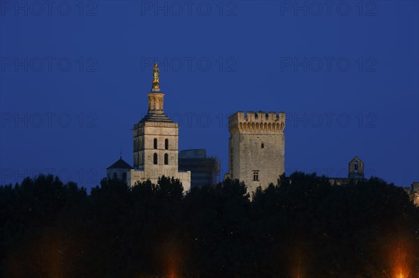 Papal Palace and Notre-Dame des Doms Cathedral at night, Avignon, Vaucluse, Provence-Alpes-Cote d'Azur, South of France, France, Europe