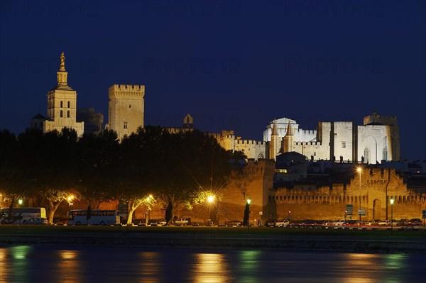 Papal Palace and Notre-Dame des Doms Cathedral at night, Avignon, Vaucluse, Provence-Alpes-Cote d'Azur, South of France, France, Europe