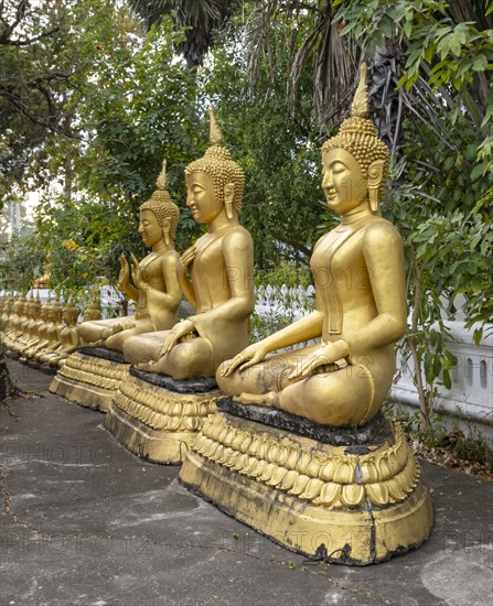 Row of golden Buddha images, Wat That Luang temple, Luang Prabang, Laos, Asia