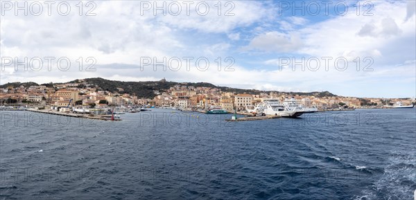 View from the sea, harbour and town of Maddalena, panoramic view, Isola La Maddalena, Sardinia, Italy, Europe