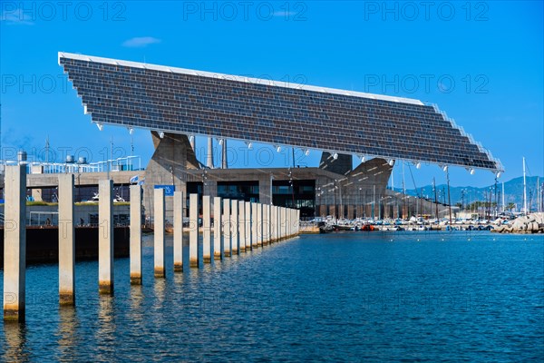 The photovoltaic pergola in the Forum district, a sail the size of a football pitch made of solar panels in the harbour on the beach in Barcelona, Spain, Europe