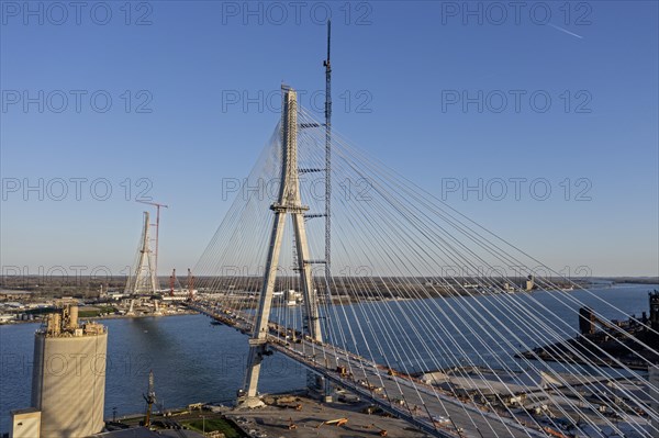 Detroit, Michigan USA -15 April 2024, Construction of the Gordie Howe International Bridge. The bridge will link Detroit with Windsor, Ontario across the Detroit River