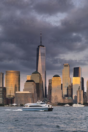 Manhattan skyline with One World Trade Centre at sunset, New York City, New York State, USA, New York City, New York State, USA, North America