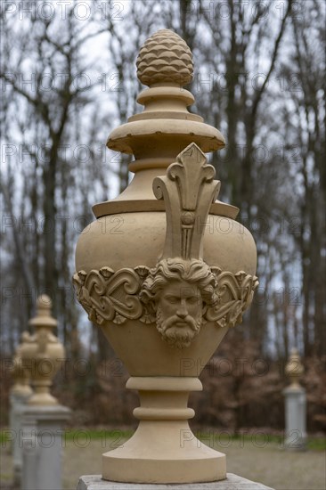 Restored clay vases with imperial busts at the former imperial hall from around 1765 in the palace park, Ludwigslust, Mecklenburg-Vorpommern, Germany, Europe