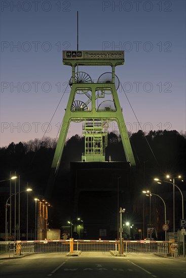 Prosper-Haniel colliery, at the blue hour, winding tower, Bottrop, Ruhr area, North Rhine-Westphalia, Germany, Europe