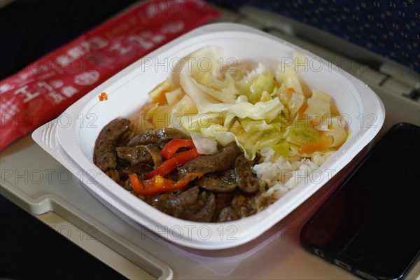 Express train CRH380 to Yichang, A tray with a rice dish, vegetables and meat inside the train, Shanghai, Yichang, Yichang, Hubei Province, China, Asia