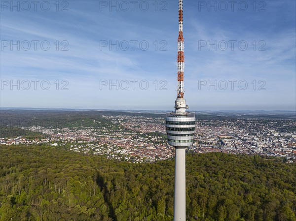 TV tower, world's first reinforced concrete tower, landmark and sight of the city of Stuttgart and official cultural monument, panoramic photo, drone photo, view of the city centre with collegiate church, Old Palace, New Palace, main railway station, Stuttgart, Baden-Wuerttemberg, Germany, Europe