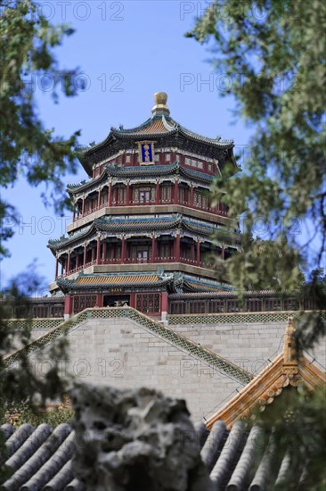 New Summer Palace, Beijing, China, Asia, The pagoda stands majestically, flanked by green trees and a clear blue sky, Beijing, Asia