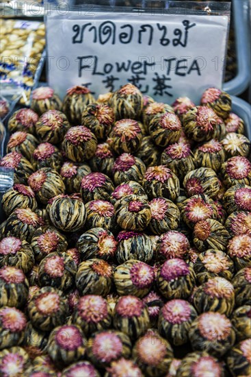 Tea blossoms on a market stall, tea flowers, blossom, plant, weekly market market, tea, drink, infusion, nutrition, drinking, Asian, traditional, market, street, sale, trade, economy, street vendor, shopping, souvenir, souvenirs, tourism, travel, Chinese, Chinatown, capital, Bangkok, Thailand, Asia