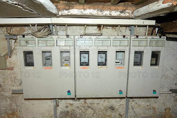23.01.2023 Apartment building in 19249 Luebtheen, Mecklenburg-Western Pomerania, cabinet with electric meters for measuring electricity consumption in the rented flats, Luebtheen, Mecklenburg-Western Pomerania, Germany, Europe