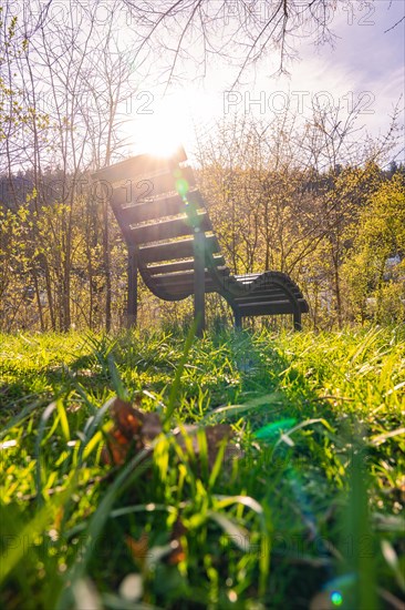 An empty park bench in the grass illuminated by early morning sunbeams, spring, Calw, Black Forest, Germany, Europe
