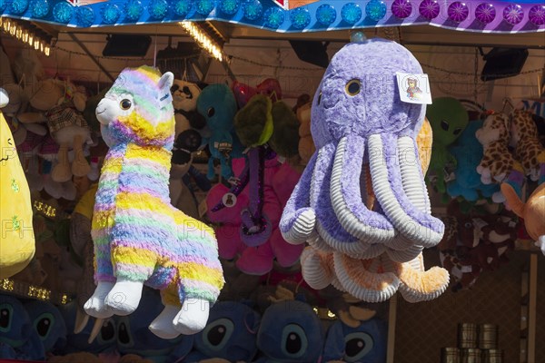 Colourful stuffed animals at a lottery booth at the Bremen Easter Fair, Buergerweide, Bremen, Germany, Europe