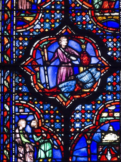 Paris 1er arr. Stained glass of the Holy Chapel (La Sainte Chapelle) built on the Ile de la Cite at the request of Saint Louis, Ile de France. France