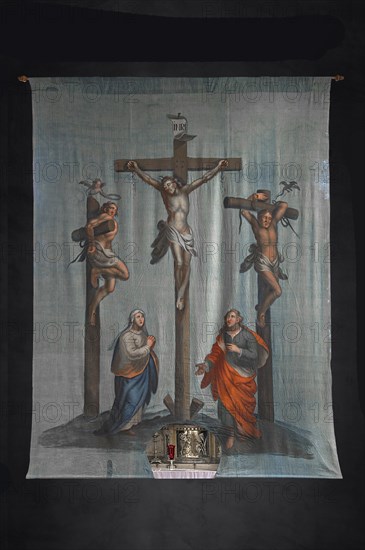 Historic Lenten cloth in front of the high altar, created around 1890, St Laurentius Church, Schoenau an der Brend, Lower Franconia, Bavaria, Germany, Europe