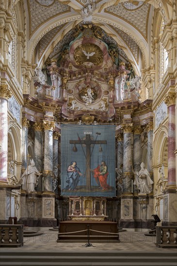 Historic Lenten cloth, around 1750, in front of the altar, St Roch's Monastery Church, Ebrach, Lower Franconia, Bavaria, Germany, Europe