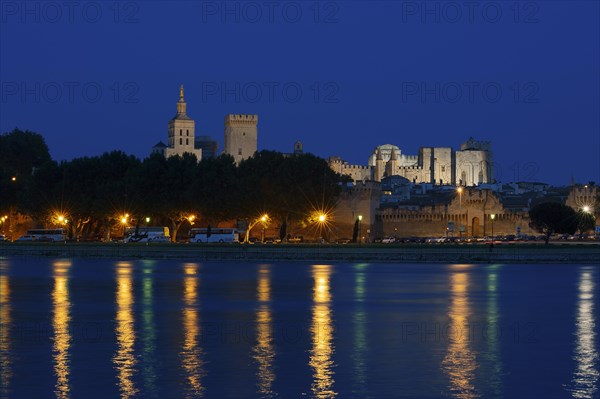 Papal Palace and Notre-Dame des Doms Cathedral at night, Avignon, Vaucluse, Provence-Alpes-Cote d'Azur, South of France, France, Europe