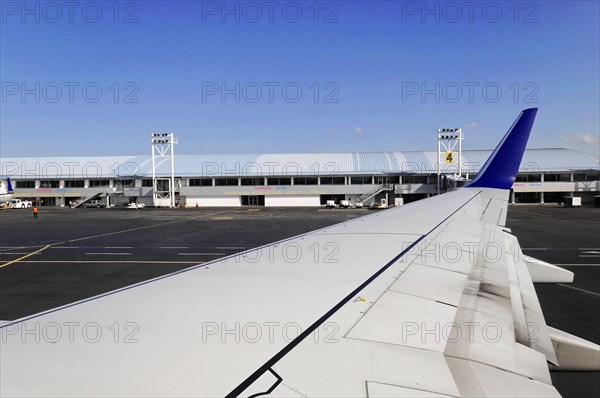 AUGUSTO C. SANDINO Airport, Managua, View from the window of an aeroplane at an airport terminal, Nicaragua, Central America, Central America