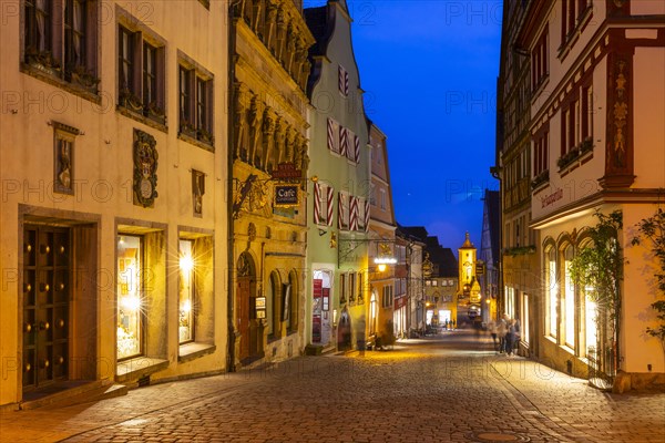 Obere Schmiedgasse with Spitaltor, Blue Hour, Rothenburg ob der Tauber, Middle Franconia, Bavaria, Germany, Europe