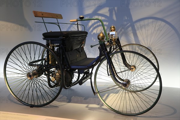 Daimler Motor-Quadricycle steel-wheeled carriage from 1891, Mercedes-Benz Museum, Stuttgart, Baden-Wuerttemberg, Germany, Europe